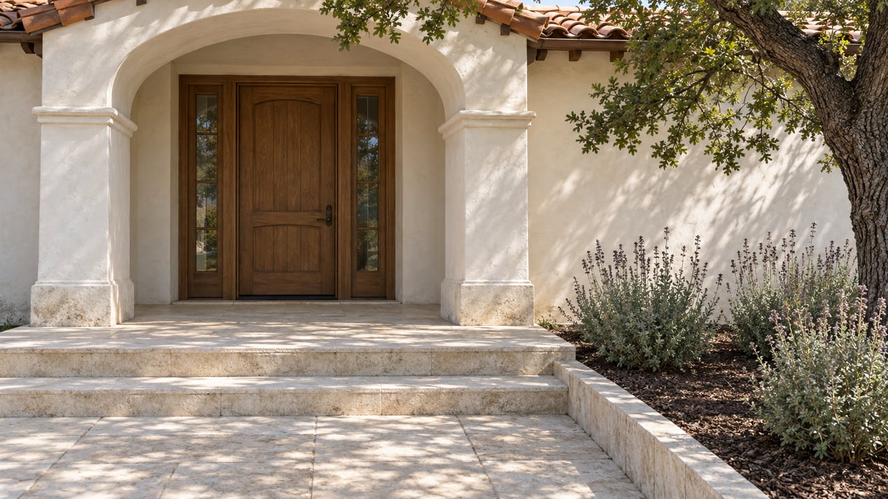White stucco arched entry with an oak door, limestone steps, and gray-green sage beneath a mature oak.