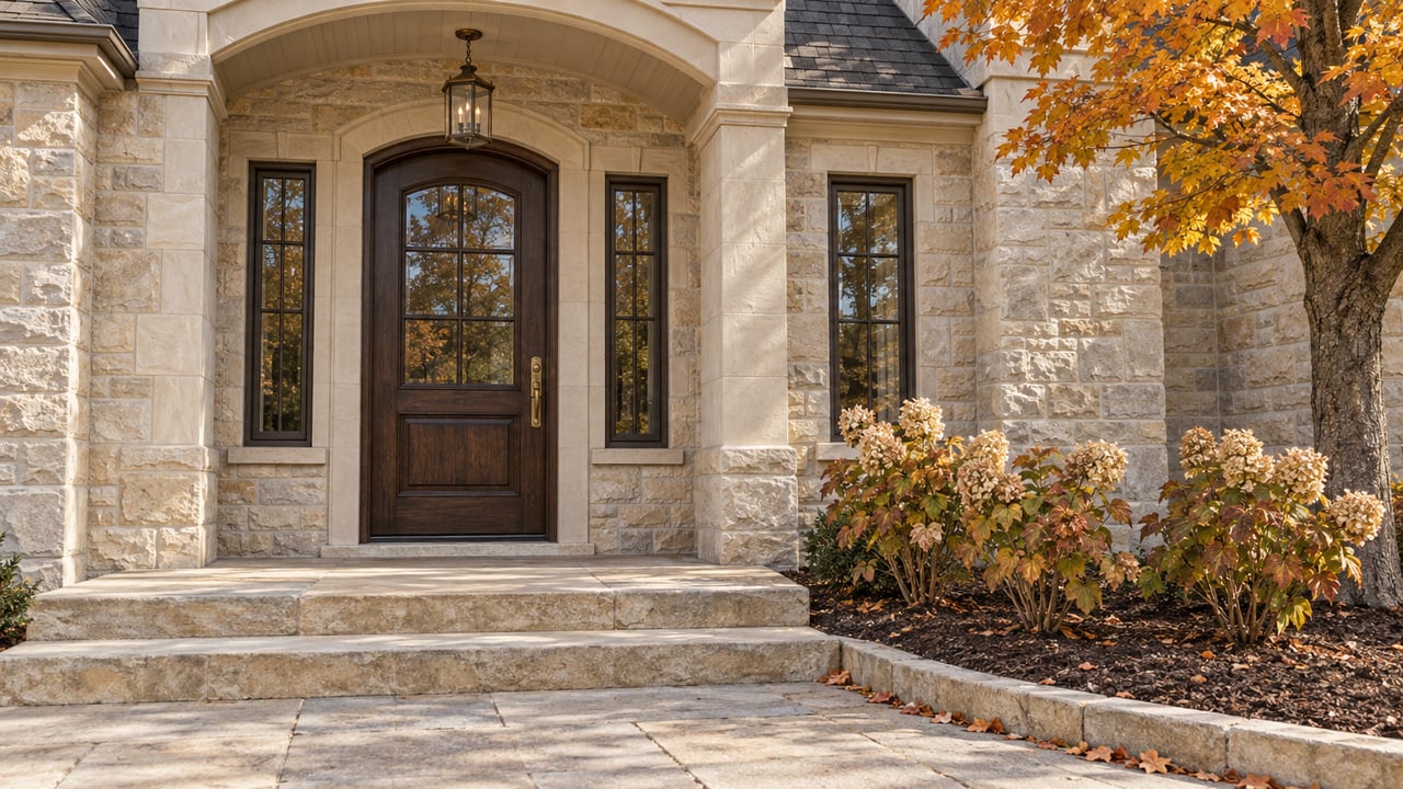 Arched oak front door of a limestone home with paired windows, broad stone steps and golden maple leaves beside flowering shrubs.
