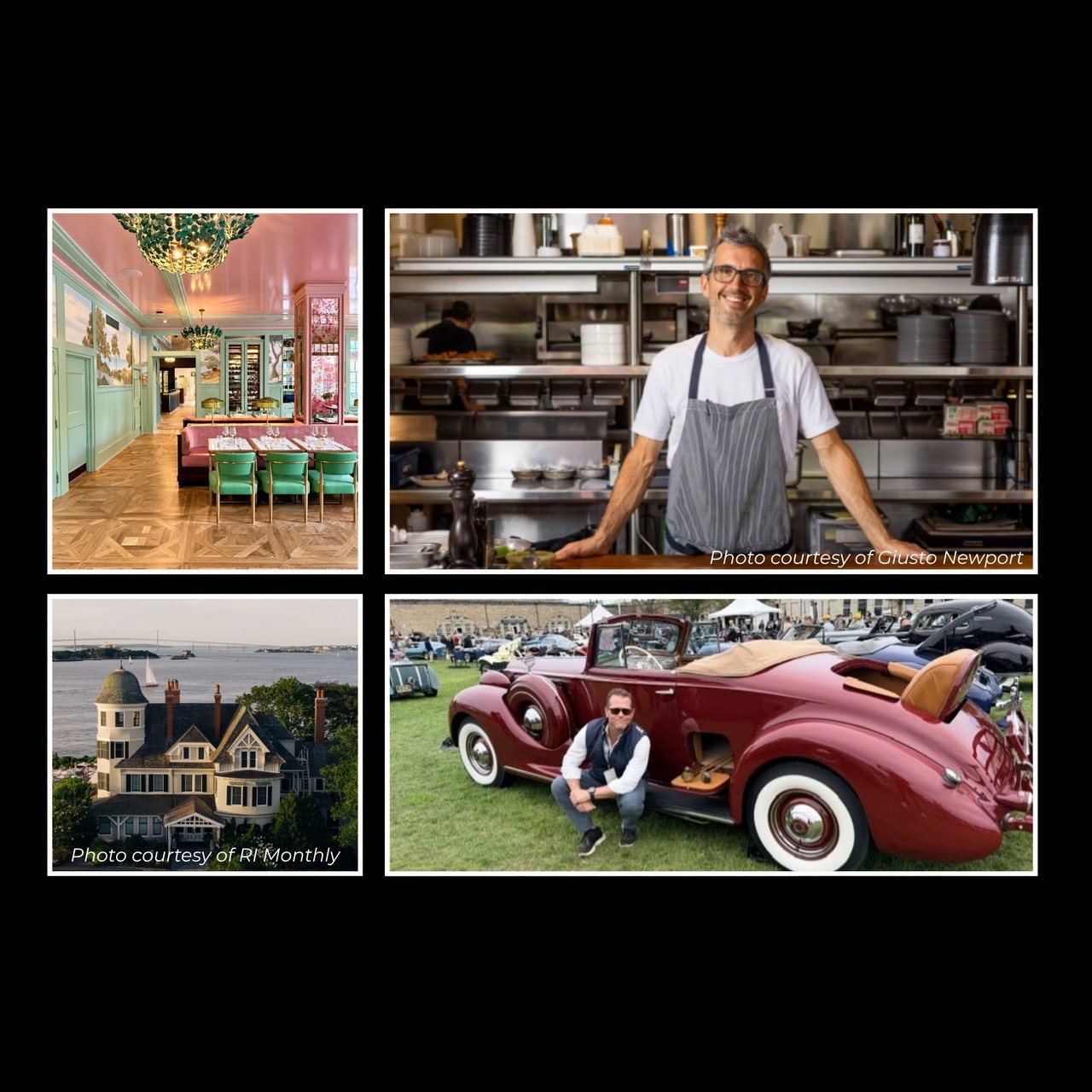 Newport collage of a restaurant, chef, waterfront mansion, and burgundy vintage convertible.