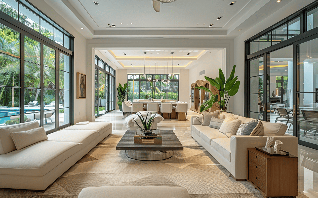 Open-plan living room with cream sofas, floor-to-ceiling windows, and a poolside tropical view.