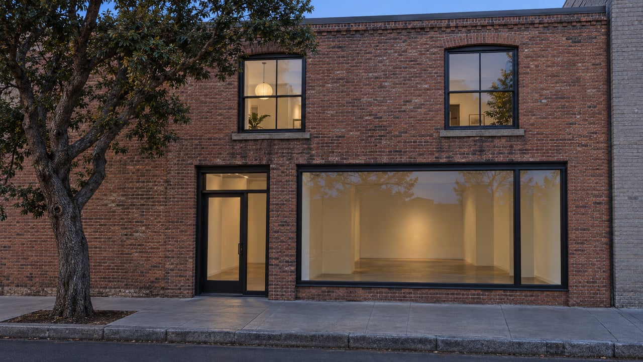 Two-story red-brown brick building with black-framed windows, a glazed storefront, and an oak tree at the sidewalk.