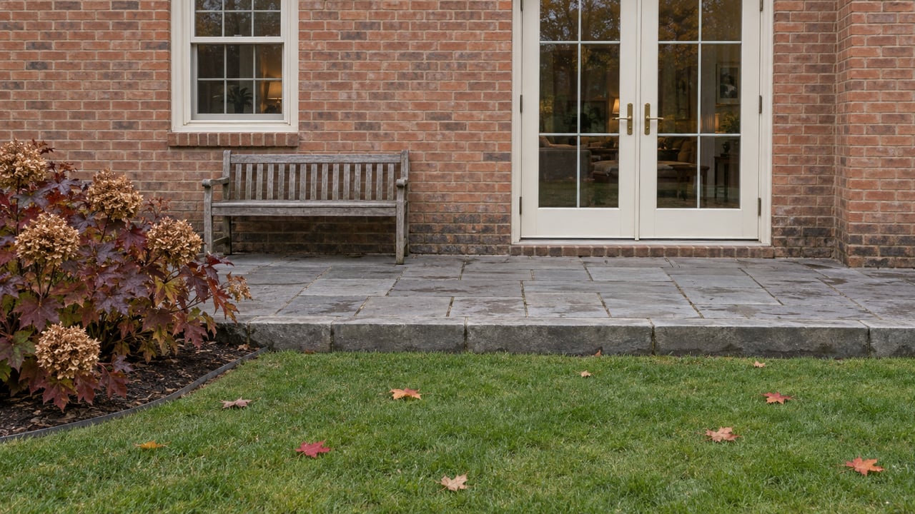 Brick home with glazed double doors, a weathered teak bench, gray paver terrace and autumn hydrangeas beside a broad lawn.