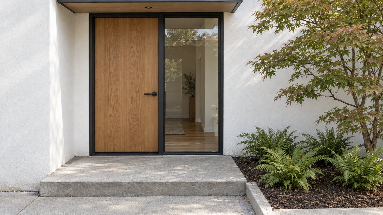 Close view of an oak front door and glazed sidelight beneath a black-edged canopy, with white stucco, concrete steps and a Japanese maple beside sword ferns.