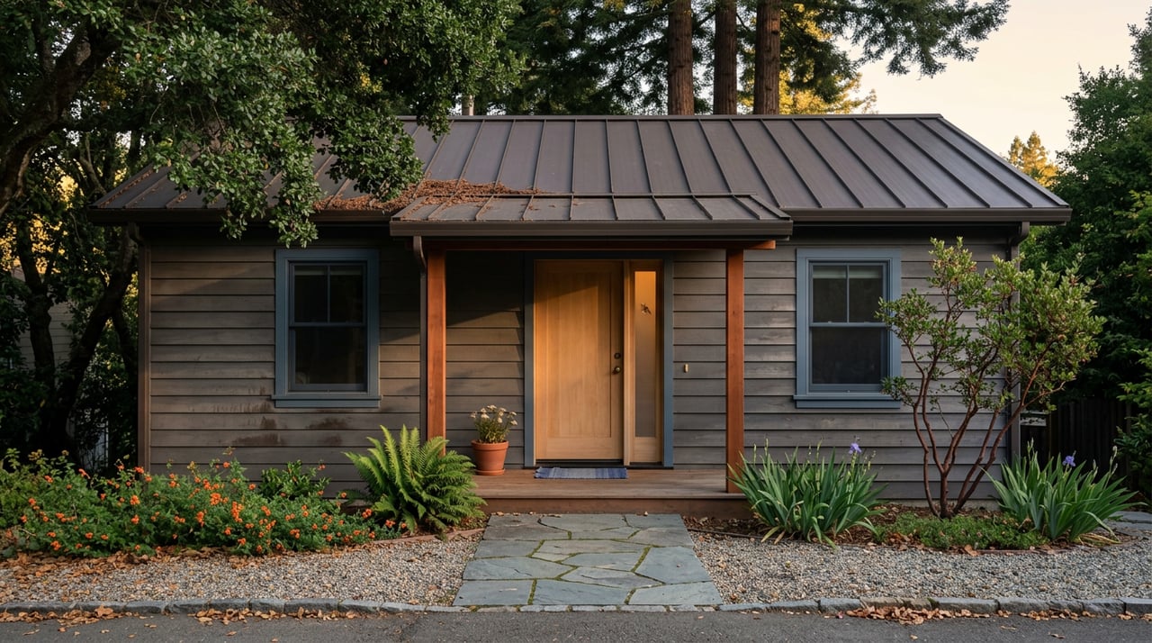 Wood-sided house with a covered porch, flagstone path, and orange California fuchsia beneath dense trees.