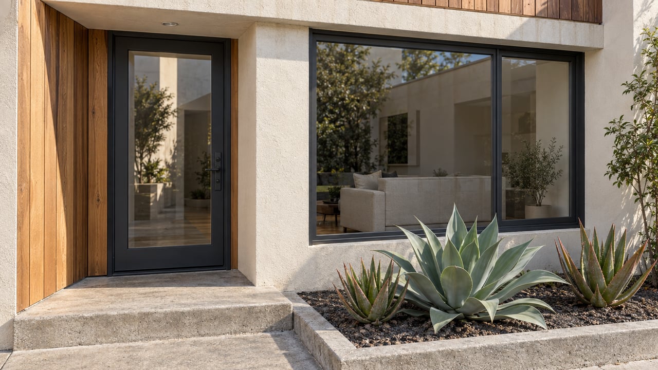 Townhouse entry with charcoal-framed glass, warm cedar cladding, off-white stucco, and a succulent bed beside a concrete approach.
