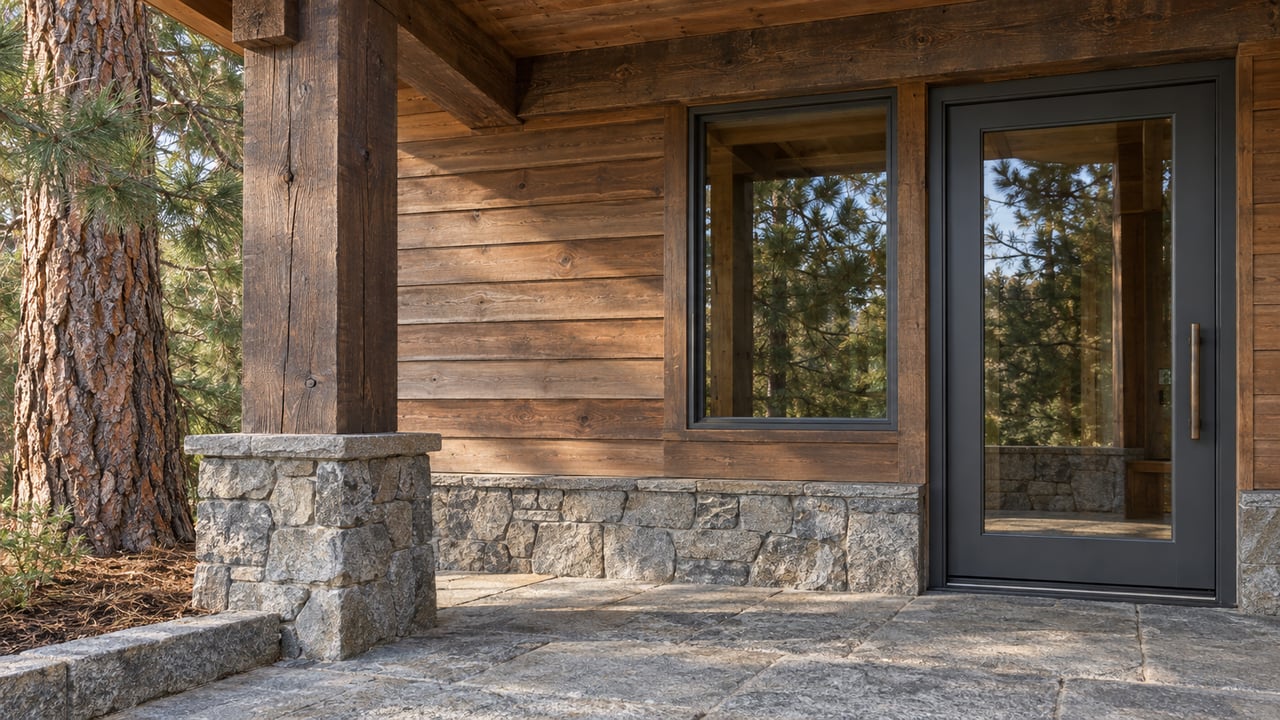 Close exterior view of a timber home's cedar entry, glazed door and weathered granite landing beside a mature pine.