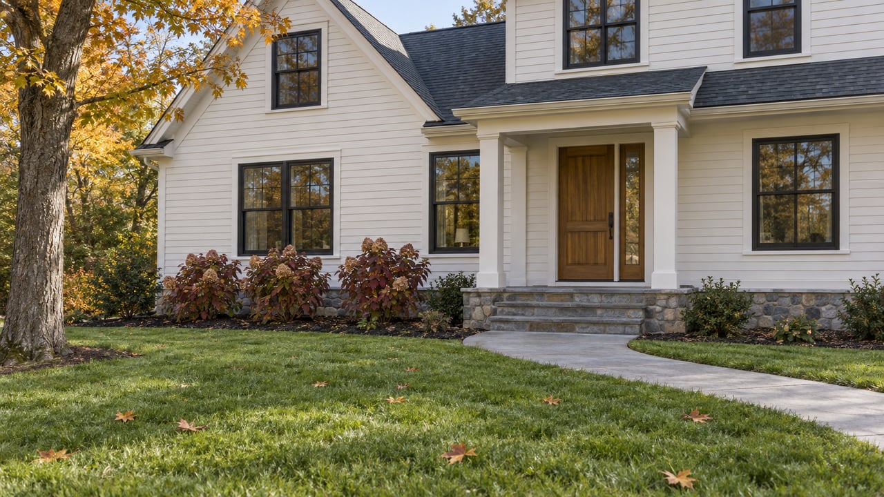 Ivory clapboard home with black-framed windows, an oak entry door, bluestone steps and an autumn front lawn.