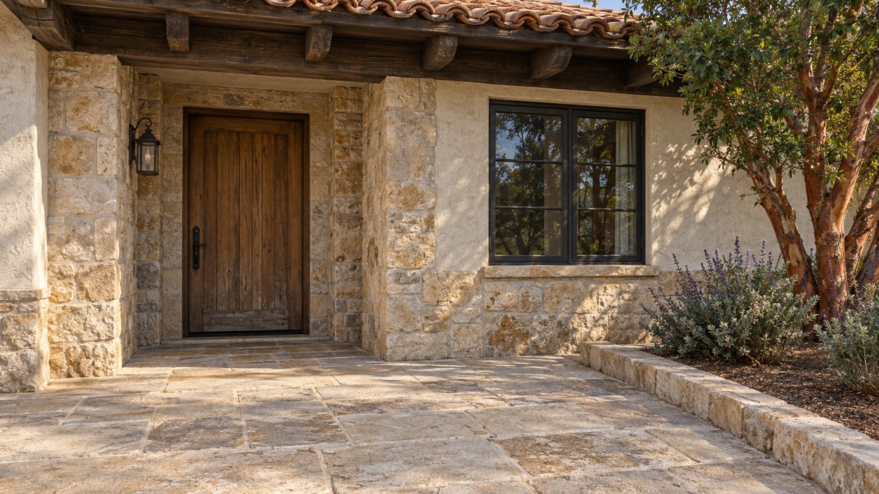 Weathered oak entry door and dark-framed window beneath clay-tile eaves, with limestone paving and a strawberry tree beside a raised planting bed.