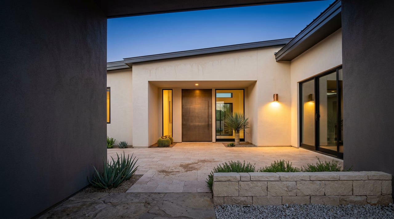 Desert-modern entry with a bronze door, glowing wall sconce, barrel cactus, and stone-paved forecourt.