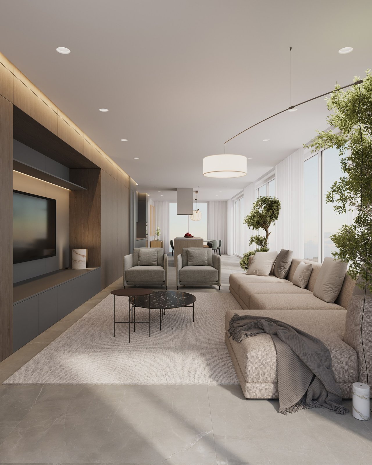Rendering of silver residence living and dining room at Milano Boutique in South of Fifth, Miami Beach.