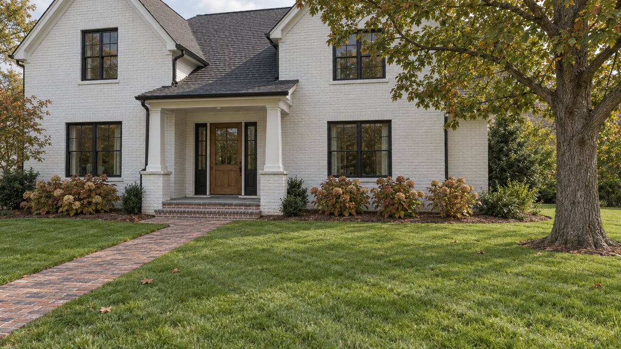 White painted-brick home with black-framed windows, a covered entry, and a brick path crossing a broad lawn beside a mature oak.