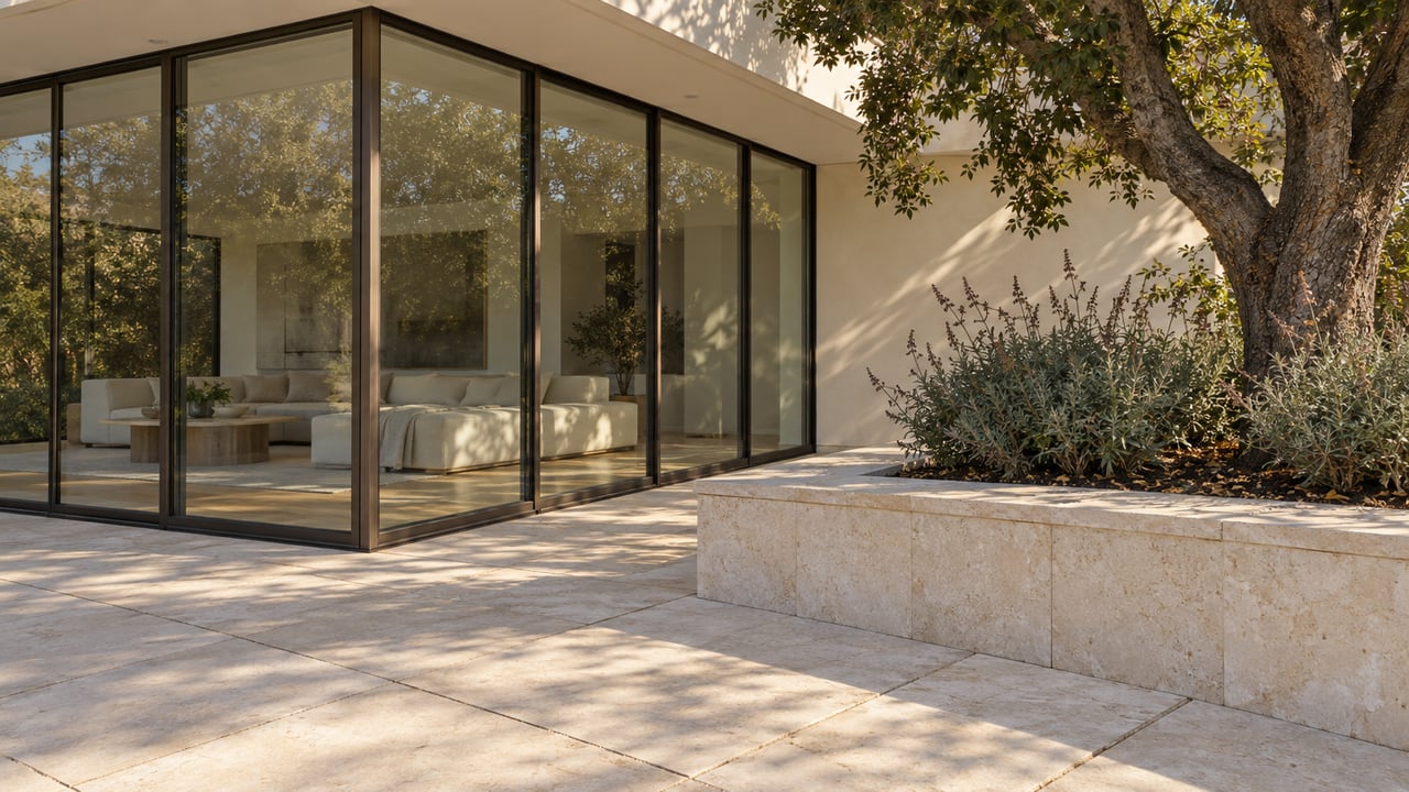 Warm sunlight across a pale limestone terrace beside bronze-framed glazing and a raised bed with a mature oak.