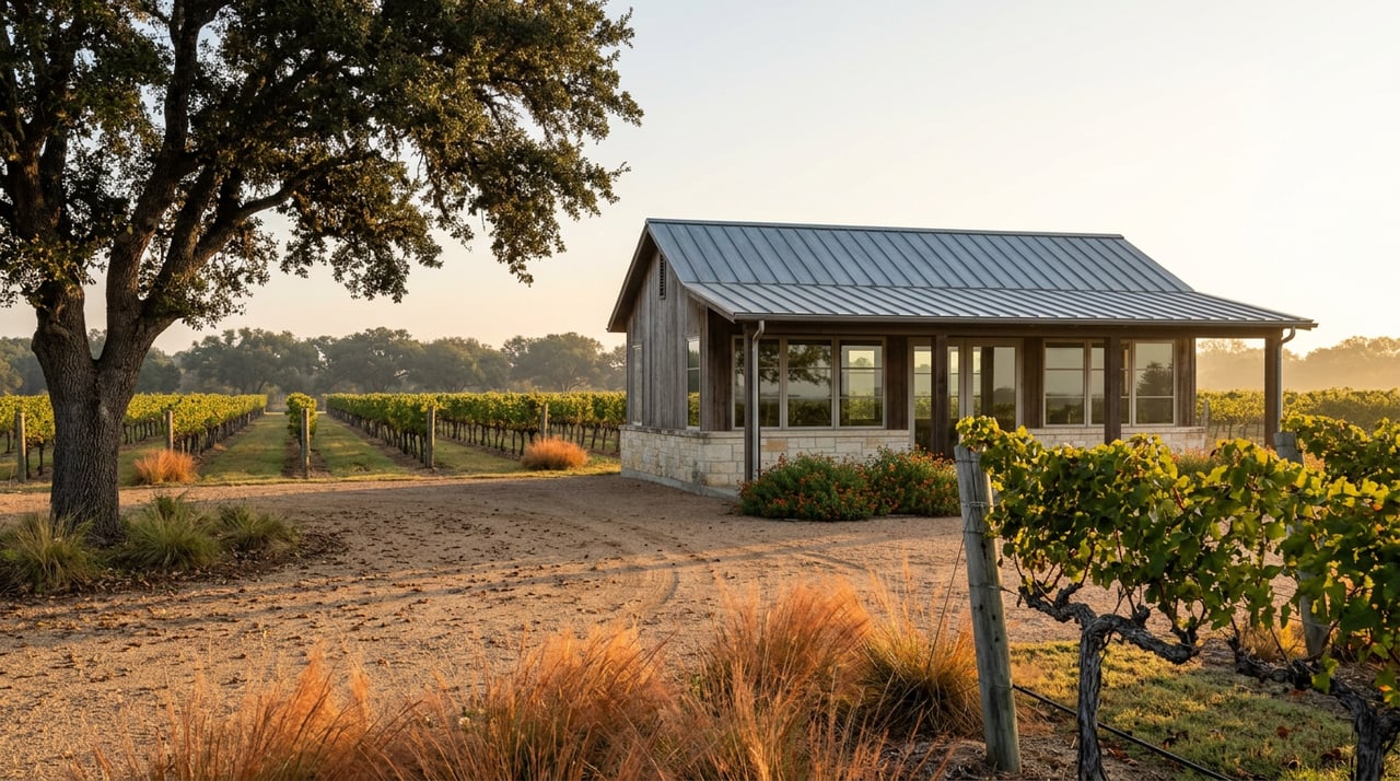 Vineyard rows lead toward a stone-and-timber pavilion, with a live oak to the left and gravel in the foreground.