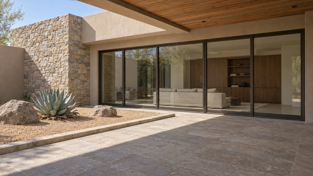 A shaded limestone terrace faces bronze-framed glass doors beneath a wood soffit, beside a stone-edged gravel bed with an agave and two boulders.