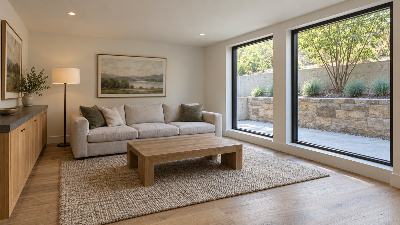 Finished lower-level lounge with oak flooring, an oatmeal sofa and tall windows overlooking a sandstone-walled terrace.