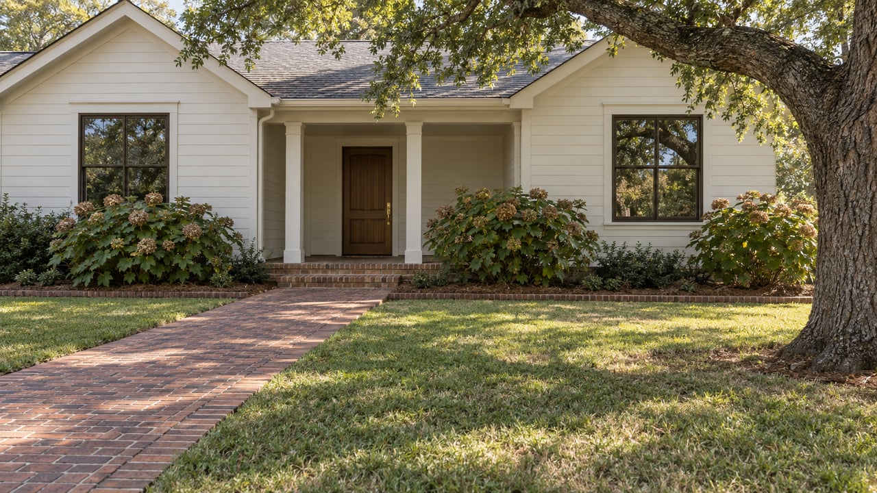 Elevated view of a single-story gabled home with warm-white siding, a brick approach, oakleaf hydrangeas and a mature live oak beside the lawn.