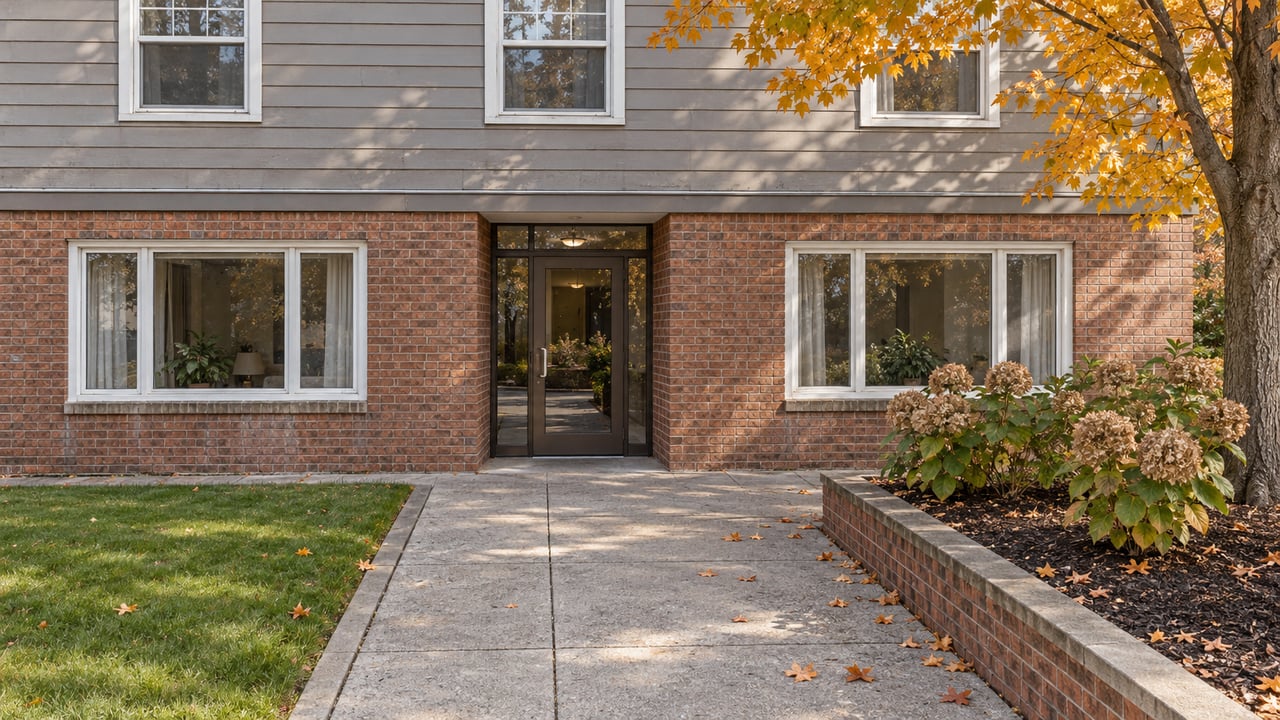 Autumn light on a brick condominium entrance, white-framed windows and an edged courtyard beneath an amber sugar maple.