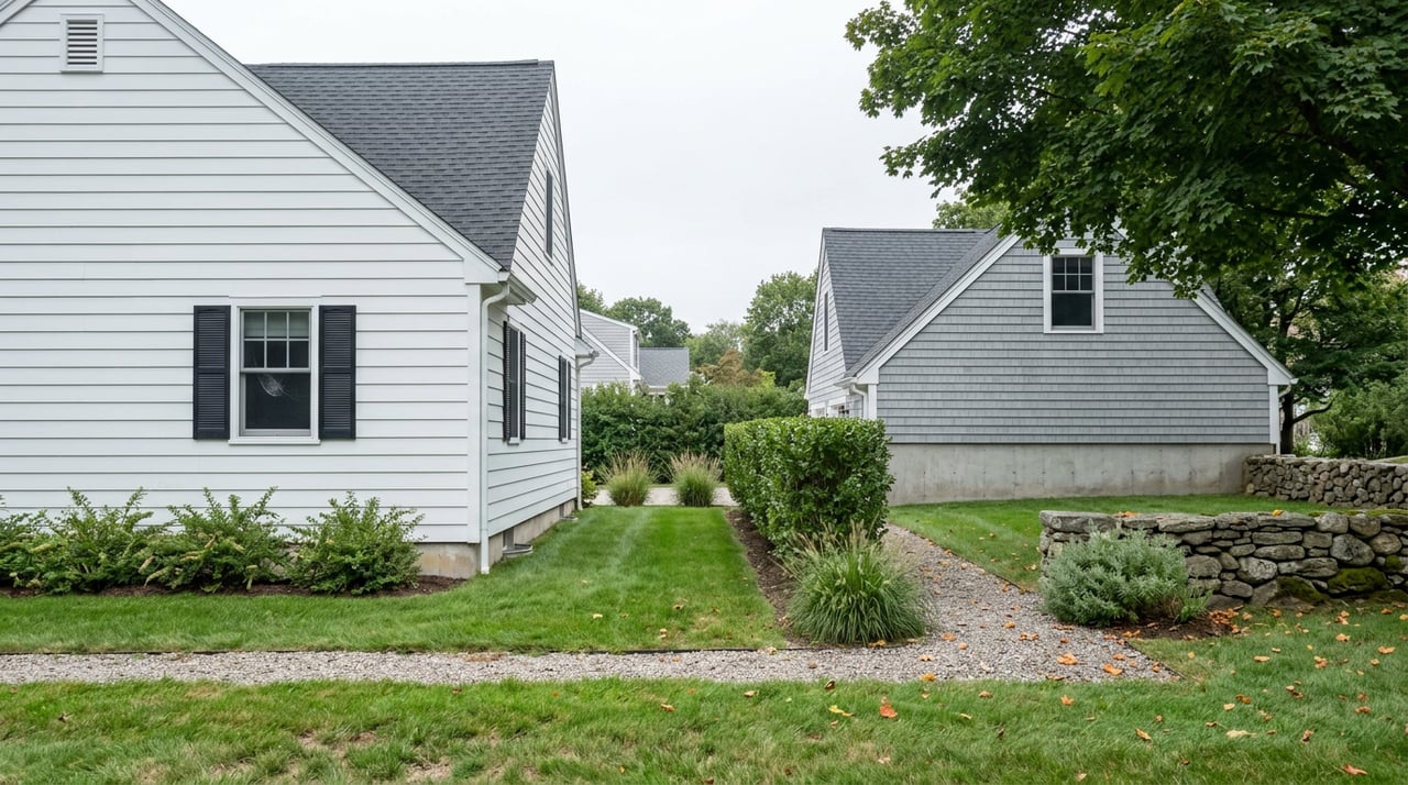 White clapboard house and gray cedar-shingle outbuilding stand across a lawn, separated by a hedge and gravel path.