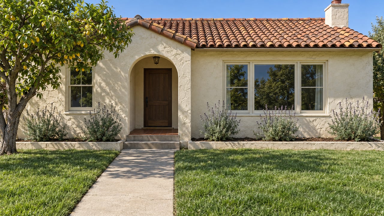 Warm ivory stucco home with a terracotta tile roof, recessed arched entry, deep green front lawn, and a lemon tree in bright daylight.