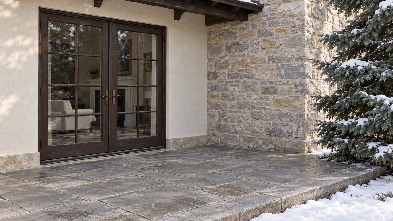 Winter terrace with dark wood French doors, cream plaster, limestone paving and snow beside spruce branches.