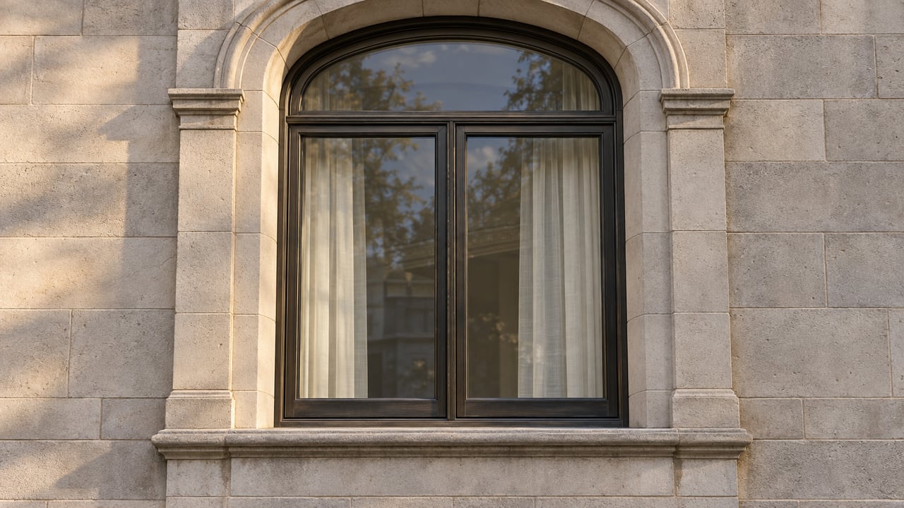 Tall bronze-framed arched window set into softly weathered pale limestone, with cream curtains behind the glass.