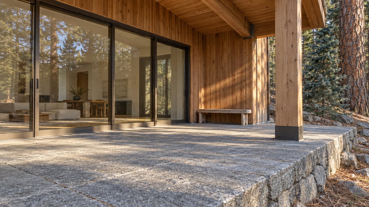 Covered timber terrace with cedar walls, bronze-framed glass doors and granite paving beside two mature conifers.
