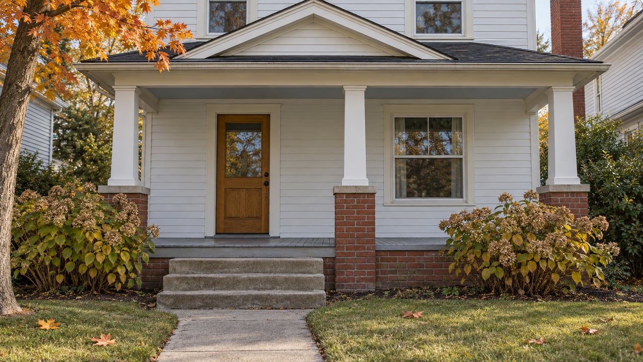 White clapboard home with a covered porch, brick column bases, worn concrete steps and orange maple leaves in clear autumn light.