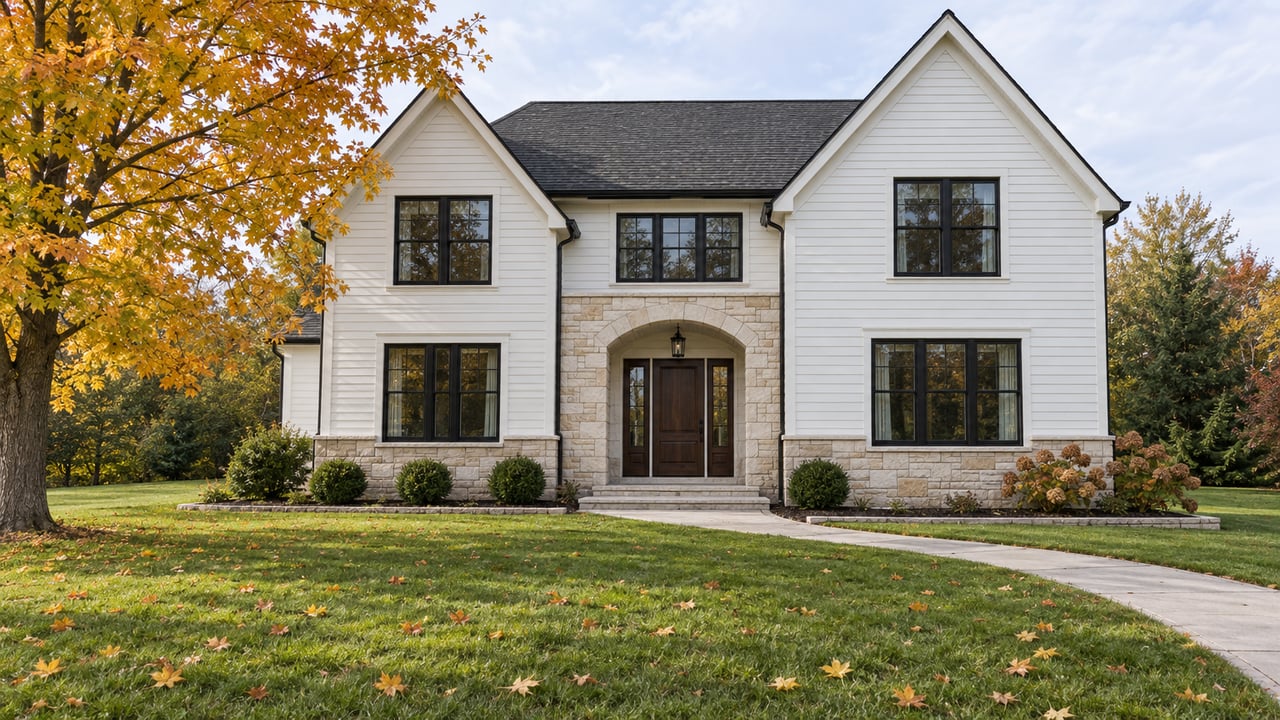 White two-story home with black-framed windows, a limestone arched entrance, a deep front lawn, and an autumn maple tree.