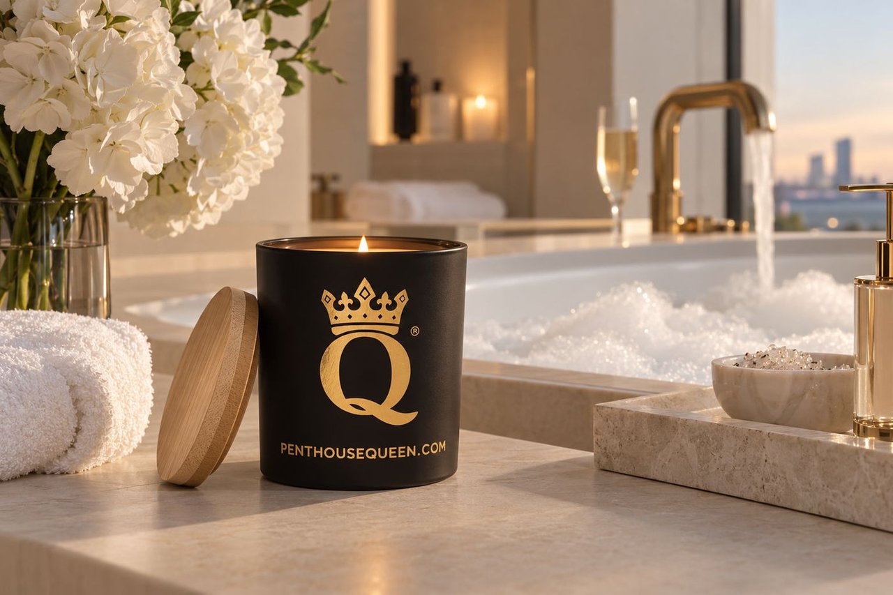 Penthouse Queen candle on a marble bathroom counter beside a bubbly bathtub and white flowers.