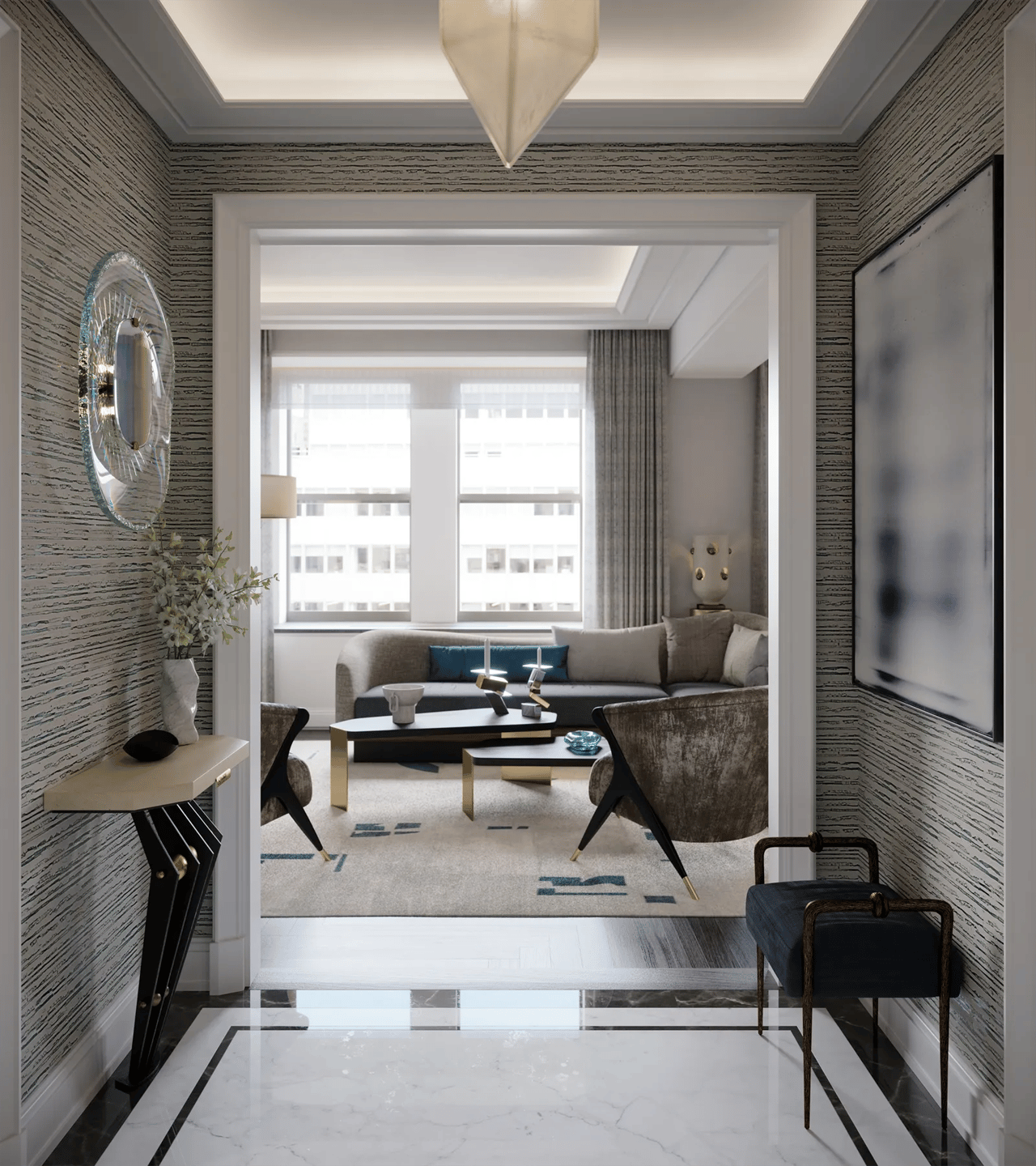 Luxury apartment entry opens to a living room with a curved sofa and large city-facing windows.