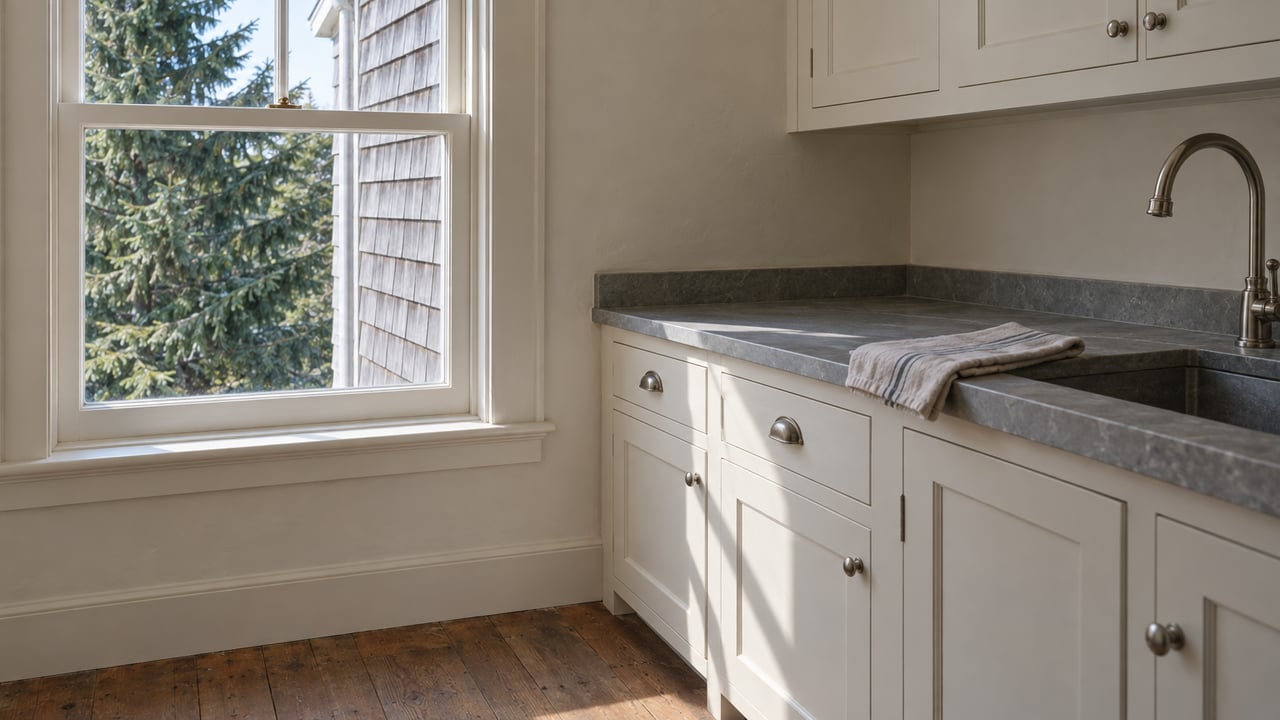 Compact kitchen with pale cabinets, a soapstone counter, and a red spruce visible through the window.