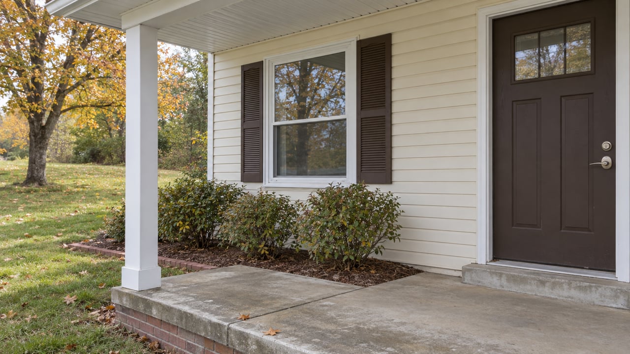 Covered porch of a cream-sided ranch with a brown front door, shuttered window, worn concrete paving and autumn lawn.