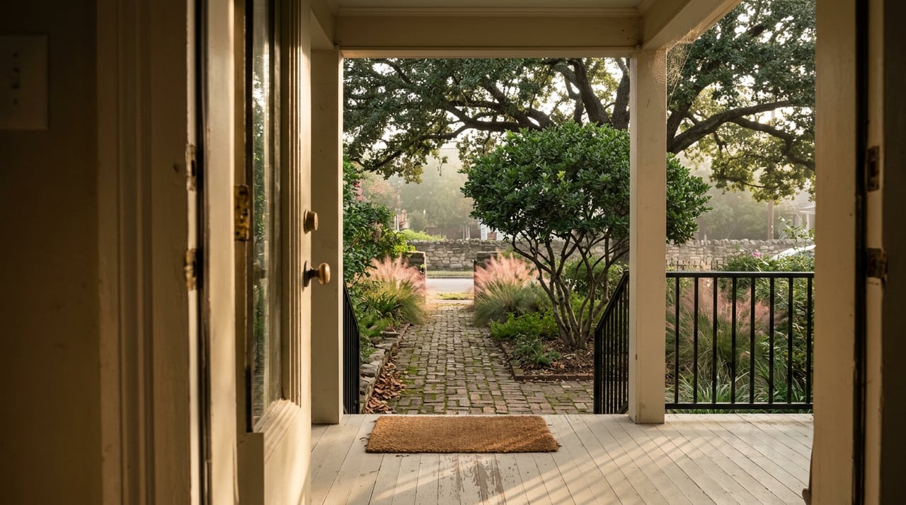 Porch doorway frames a brick walkway, pink-plumed grasses, a mountain laurel, and a live oak canopy.