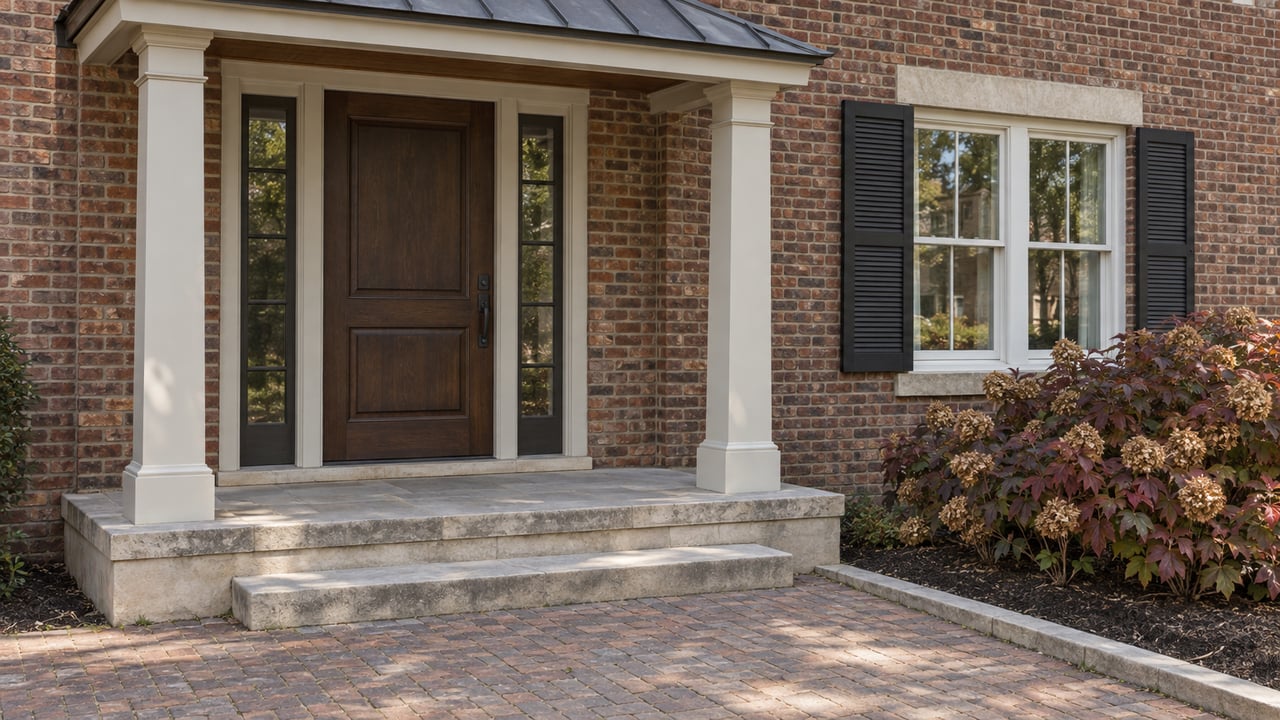 Brick townhome entrance with an oak door, limestone steps, black shutters and burgundy oakleaf hydrangea beside a clay-paver approach.
