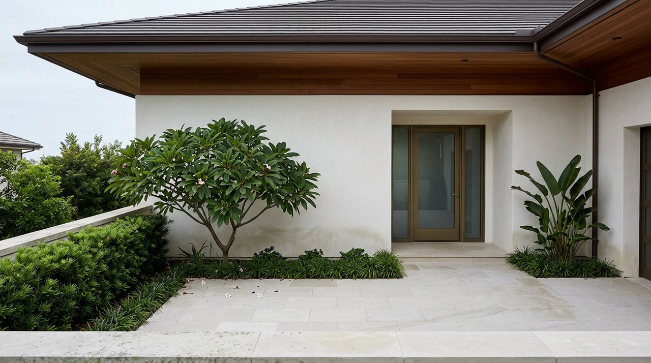 Hillside home entry with bronze-framed door, broad wood eaves, and a stone-paved court bordered by tropical plants.