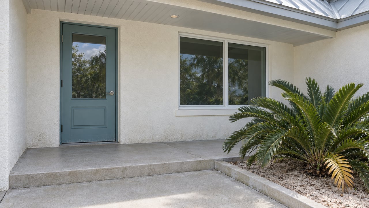 Covered entry with a muted blue-green door, white stucco, a concrete landing and a single coontie plant in a bordered sandy bed.