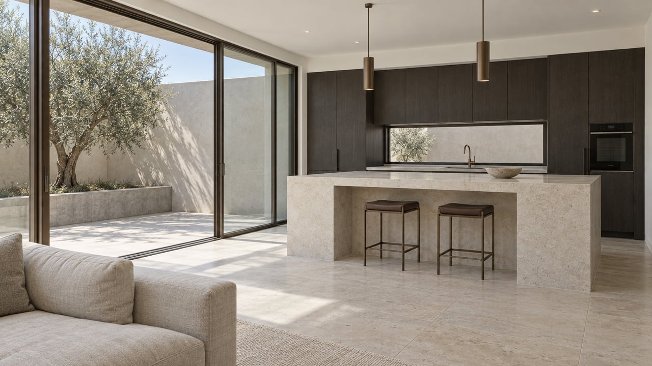 Bright great room with a pale stone island, charcoal cabinetry, cream seating and glass doors overlooking an olive tree on a private terrace.