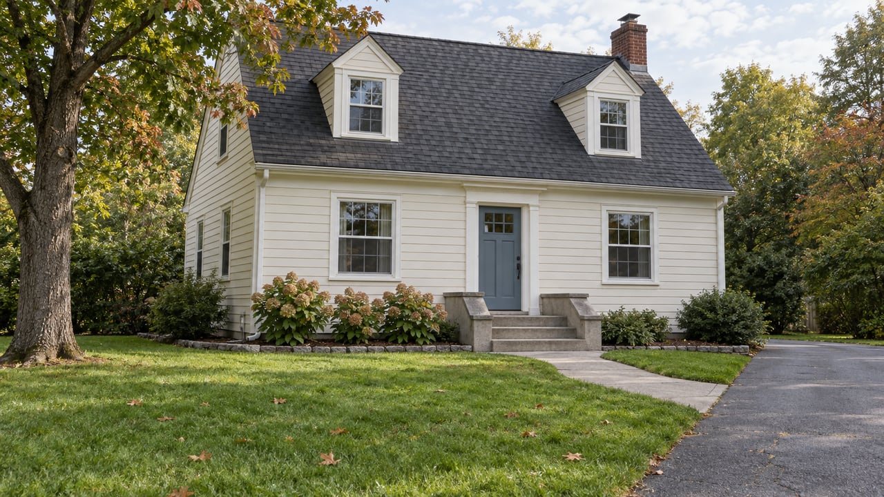 Cream clapboard house with dormer windows, a blue front door, concrete steps, and an autumn lawn beneath a mature oak.