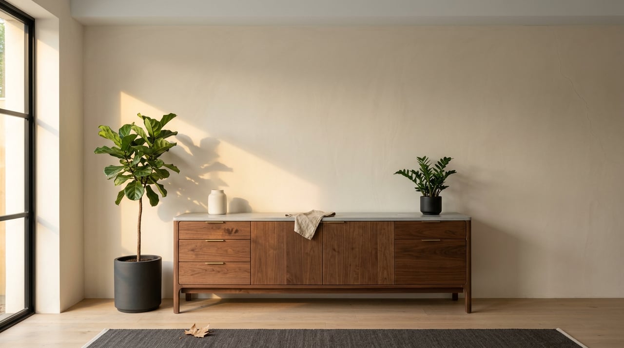 Walnut sideboard with pale stone top, ceramic vessels, and a sunlit fiddle-leaf fig against plaster walls.