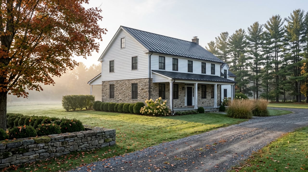 Stone-and-clapboard farmhouse with black metal roof, gravel drive, stone wall, and orange-red maple in morning mist.