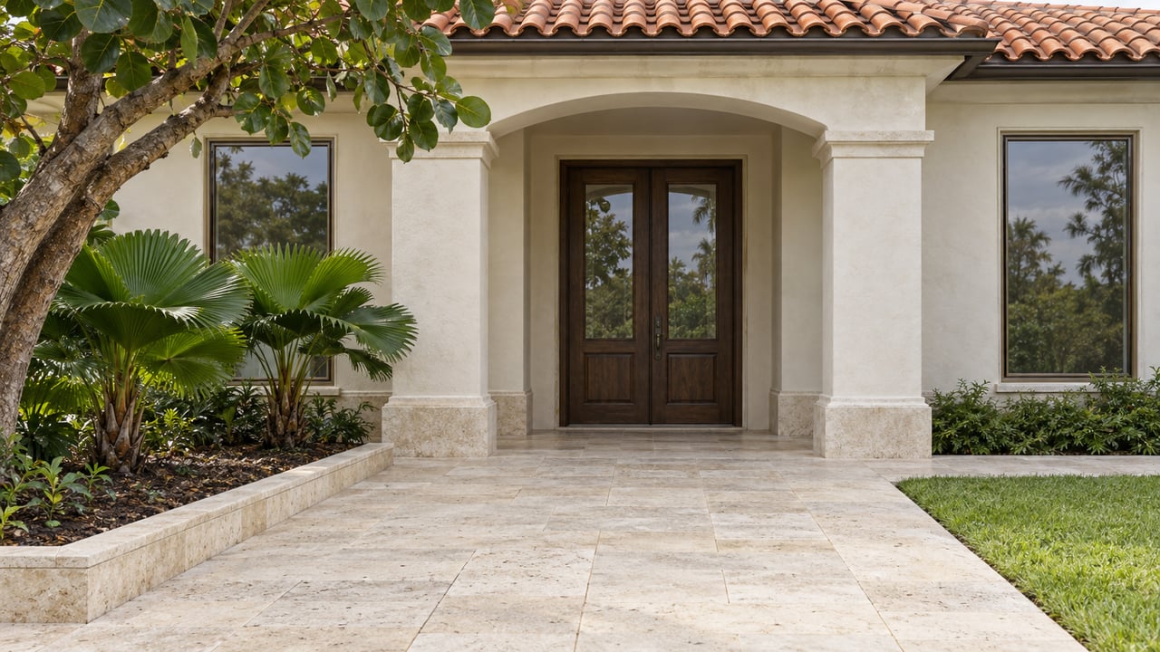 Pale stucco estate entrance with terracotta roof tiles, bronze-framed windows, limestone paving, and sculptural tropical planting.