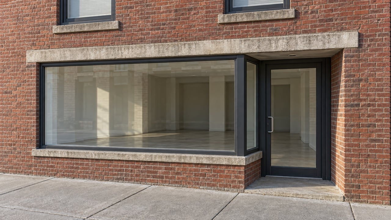 Weathered brick commercial frontage with upper sash windows, charcoal storefront glazing and a recessed entrance beside a concrete sidewalk.