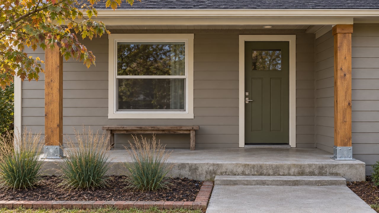 Covered entry of a modest gray single-story house, with timber porch posts, an olive door, a wooden bench and an edged planting bed.
