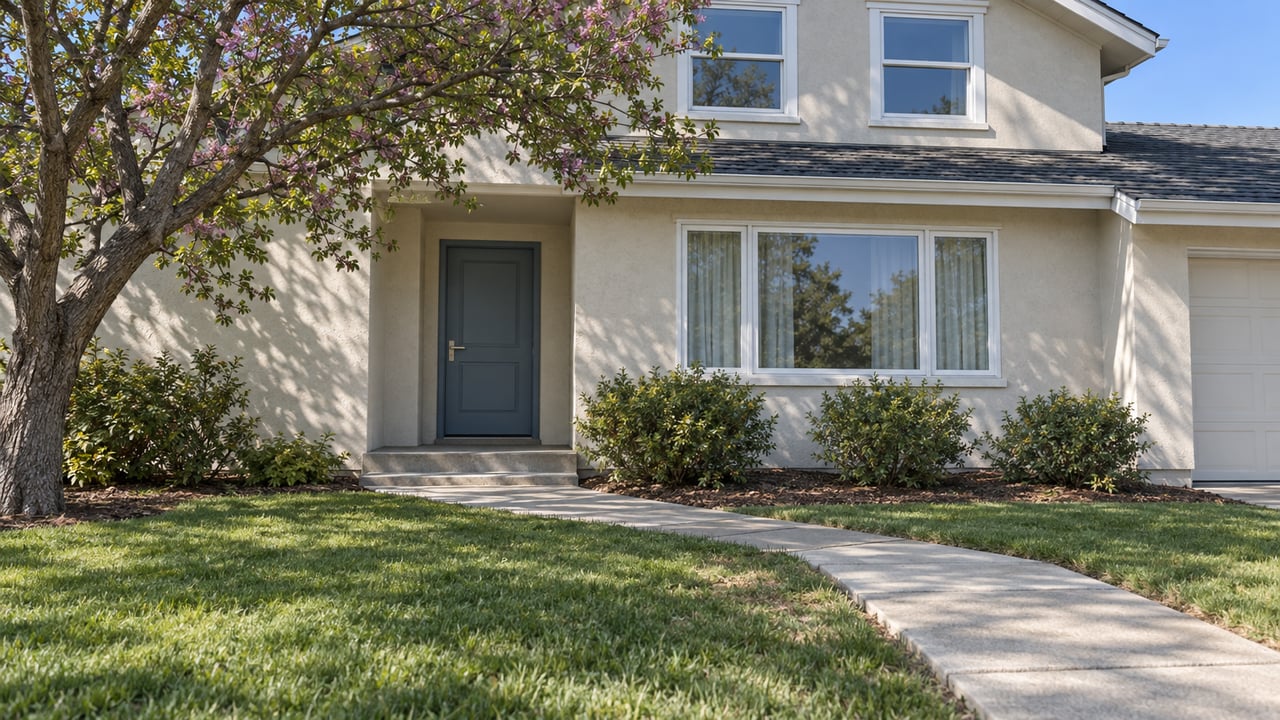 Cream stucco two-story home with a recessed blue-gray front door, white-framed windows, concrete approach and a lived-in front lawn beneath an irregular branching tree.