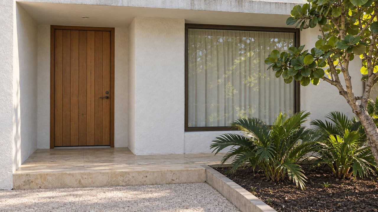 Close view of a white stucco home's recessed timber door, bronze-framed window, limestone step, and carefully spaced tropical planting.