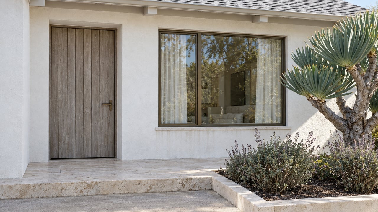 Cedar front door and bronze-framed window in a white stucco home, above a limestone step beside sculptural fan aloe.