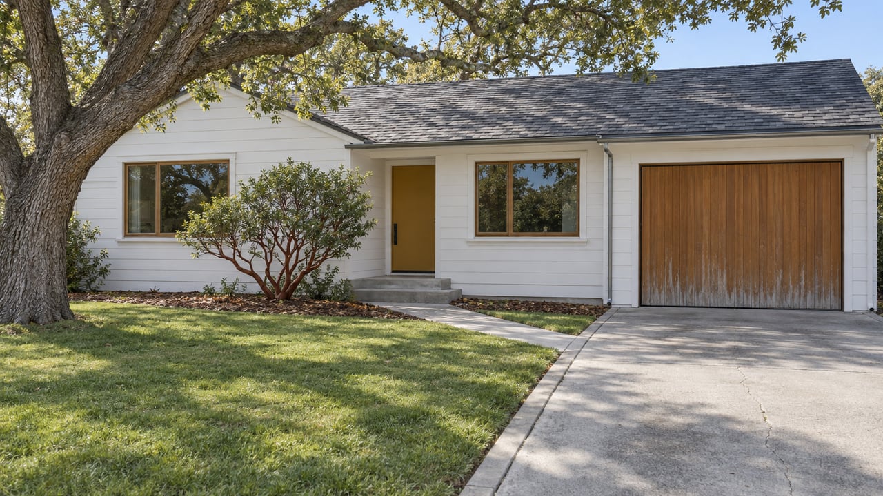 A white timber-sided home with an ochre entry, cedar garage door and mature oak beside a deep front garden.