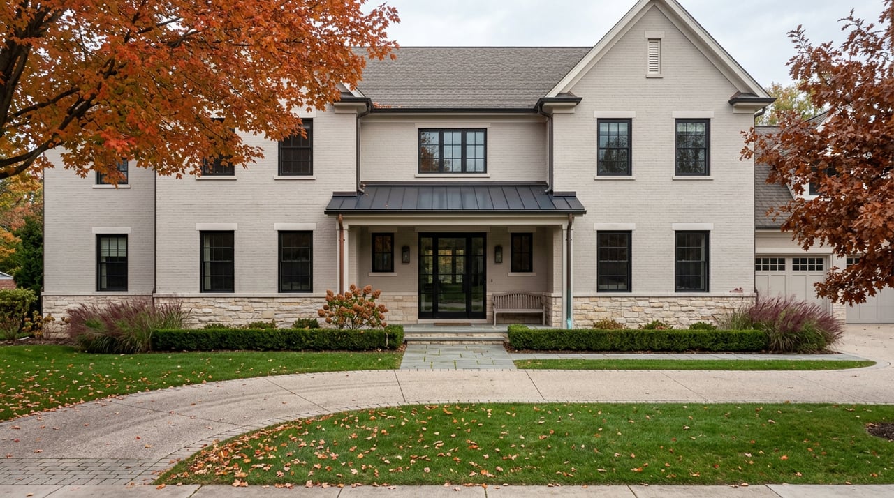 Two-story stone-and-brick estate with curved driveway, broad lawn, and orange-red autumn trees.