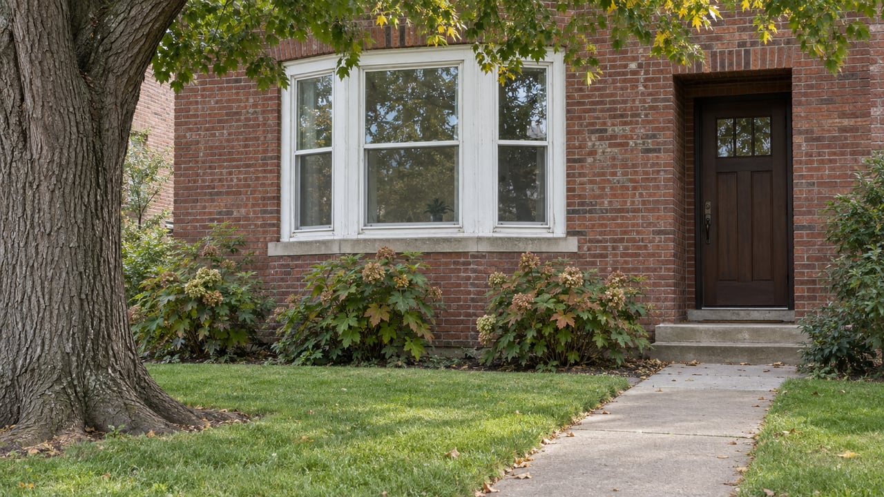 Red-brick house with a white bay window, dark front door, elm tree, lawn, and hydrangeas.