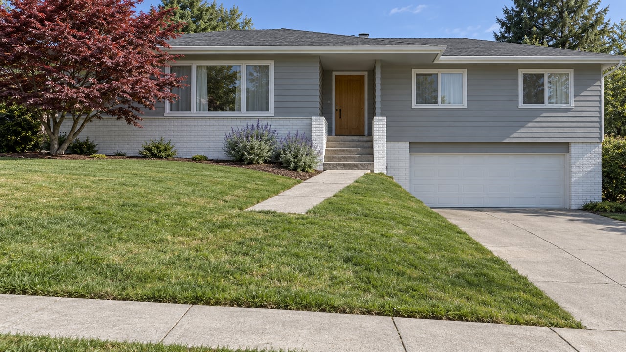 Gray split-level home with a white garage door, broad front lawn, concrete entry steps and a burgundy Japanese maple.